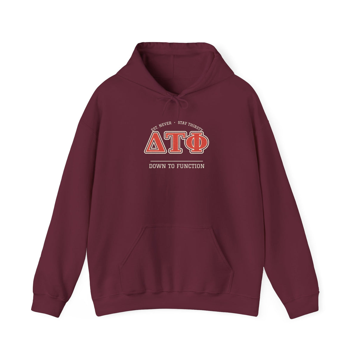 Maroon hoodie with ΔΤΦ Down to Function front graphic