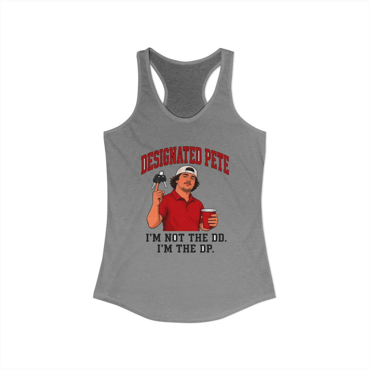 Heather grey racerback tank top with red character graphic and slogan on front