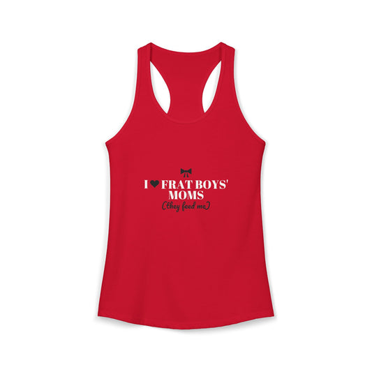Red racerback tank top with 'I ♥ FRAT BOYS' MOMS' graphic
