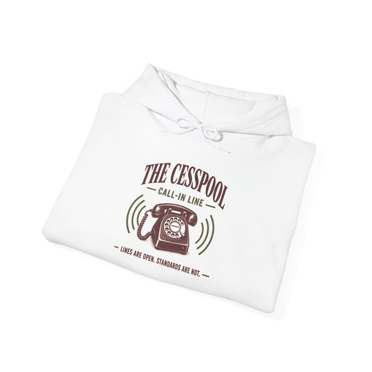 White hoodie, folded for display, with call-in line telephone logo and drawstring hood