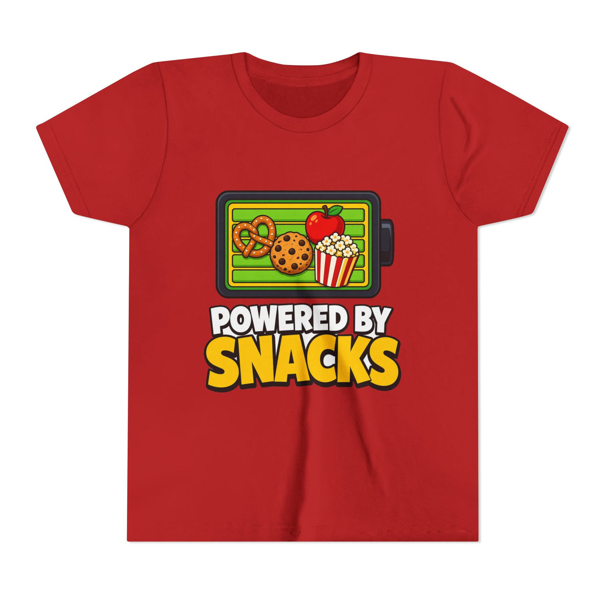 Red kids graphic T-shirt with snack-themed logo front