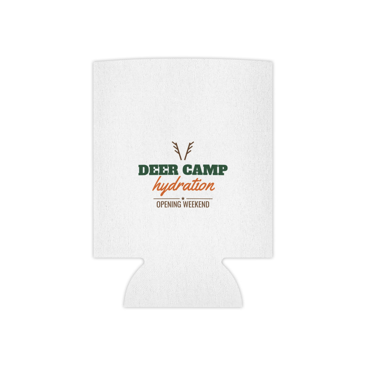 White hydration koozie with deer camp hydration logo in green, orange, and brown