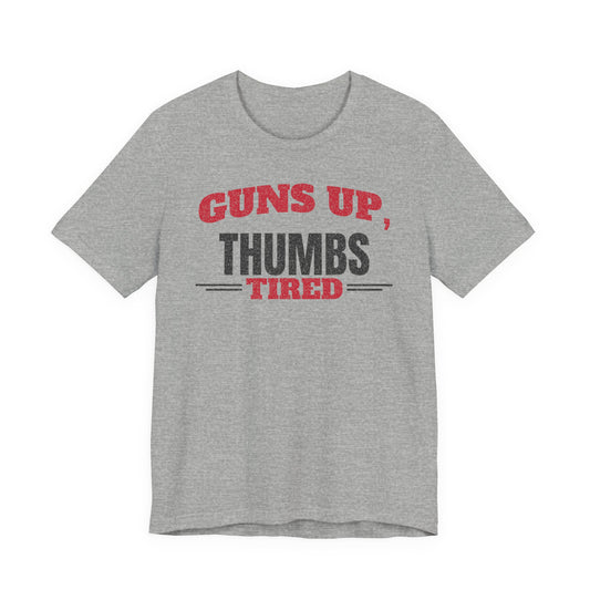 Athletic heather crewneck T-shirt with red and black Guns Up Thumbs Tired print