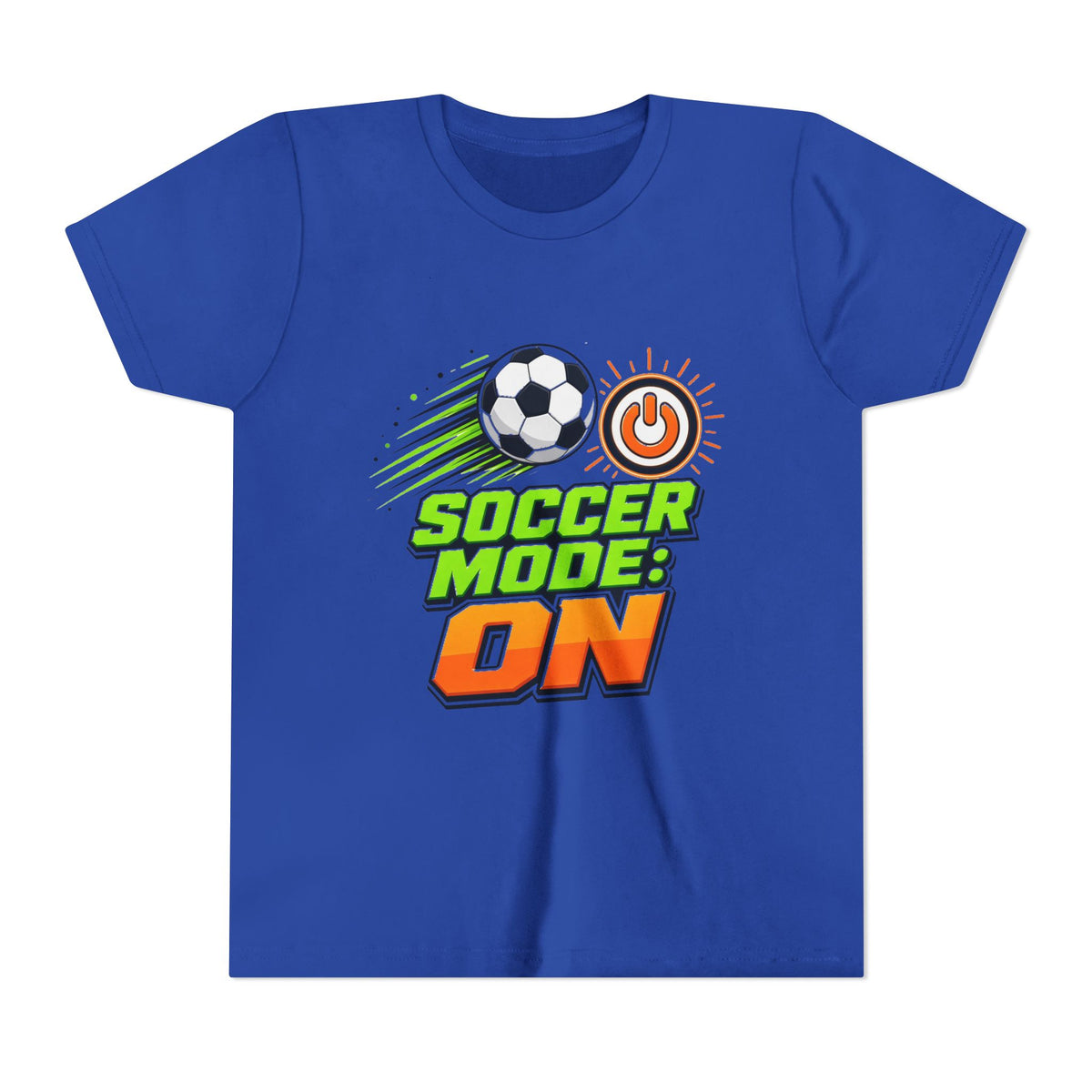Royal blue kids T-shirt with colorful "Soccer Mode: On" soccer graphic in center