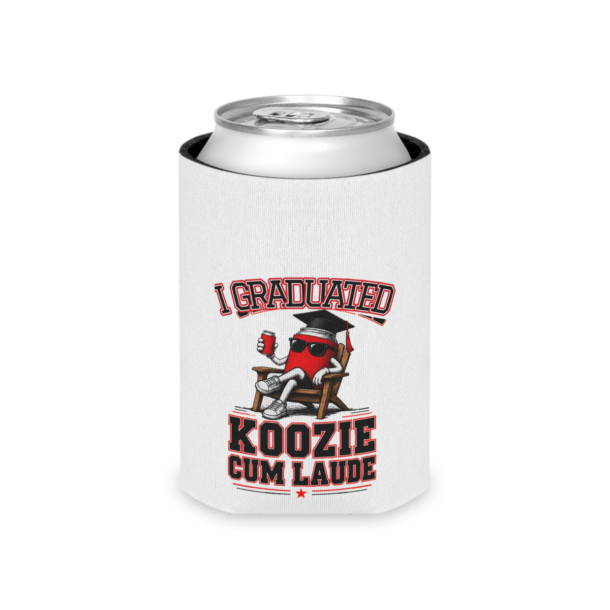 White can koozie with black rim and 'I Graduated' plus 'Koozie Cum Laude' text