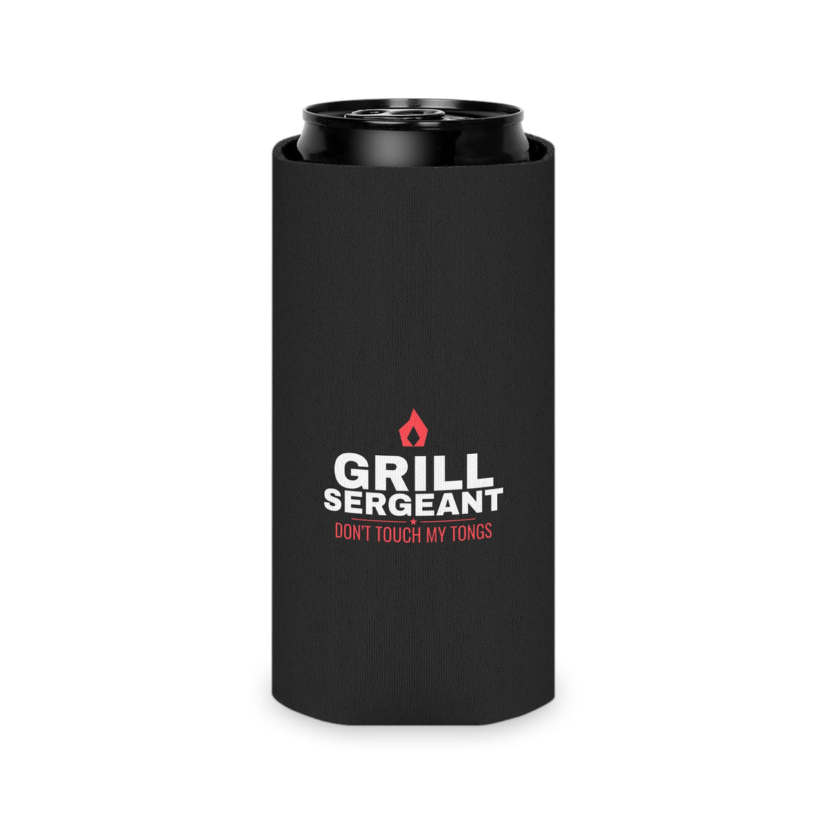 Black koozie on a dark can with centered 'GRILL SERGEANT' and red flame graphic