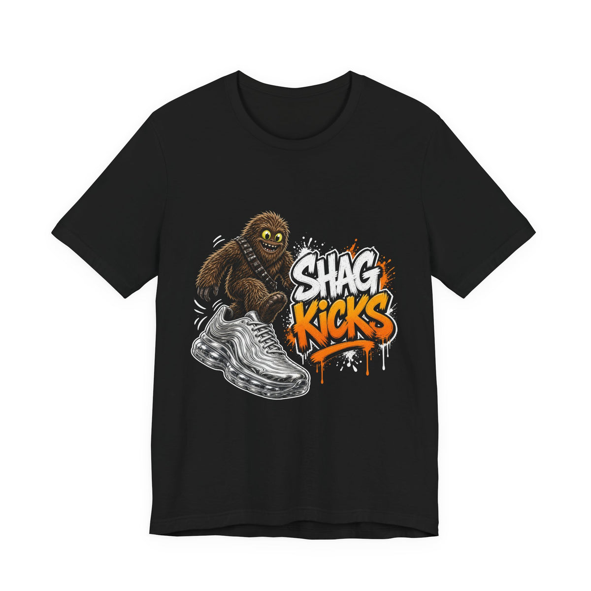 Black graphic T-shirt with cartoon creature, silver wave, and orange/white lettering