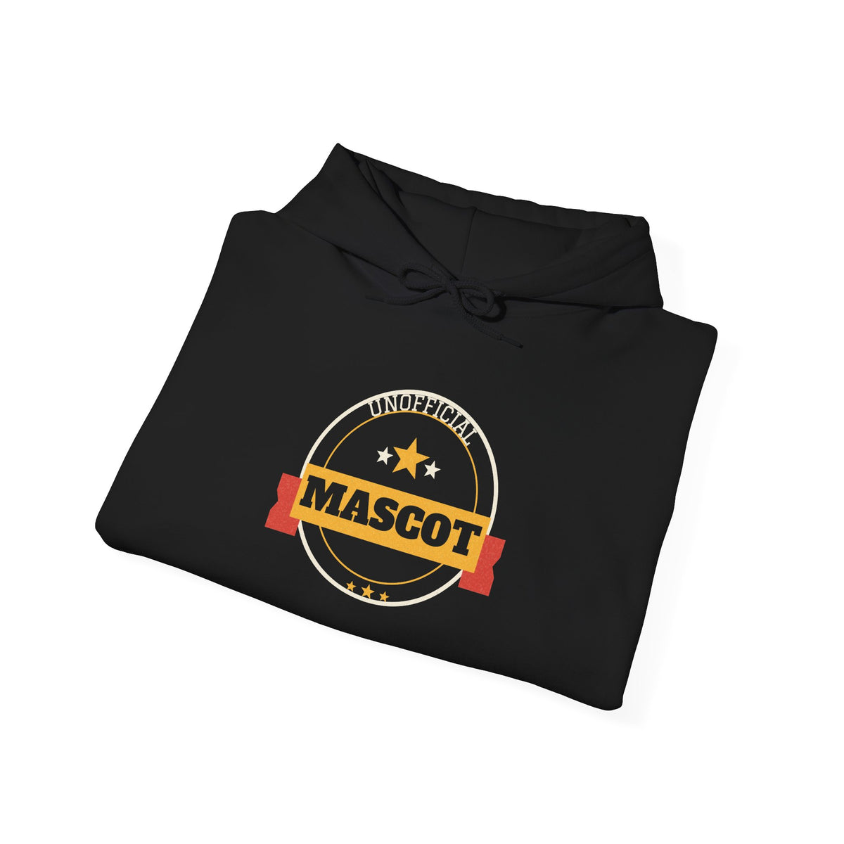 Black pullover hoodie with front “UNOFFICIAL MASCOT” graphic and drawstring hood