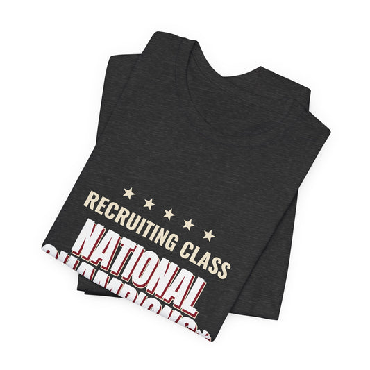 Dark grey heather tee with Recruiting Class National text graphic, folded angle