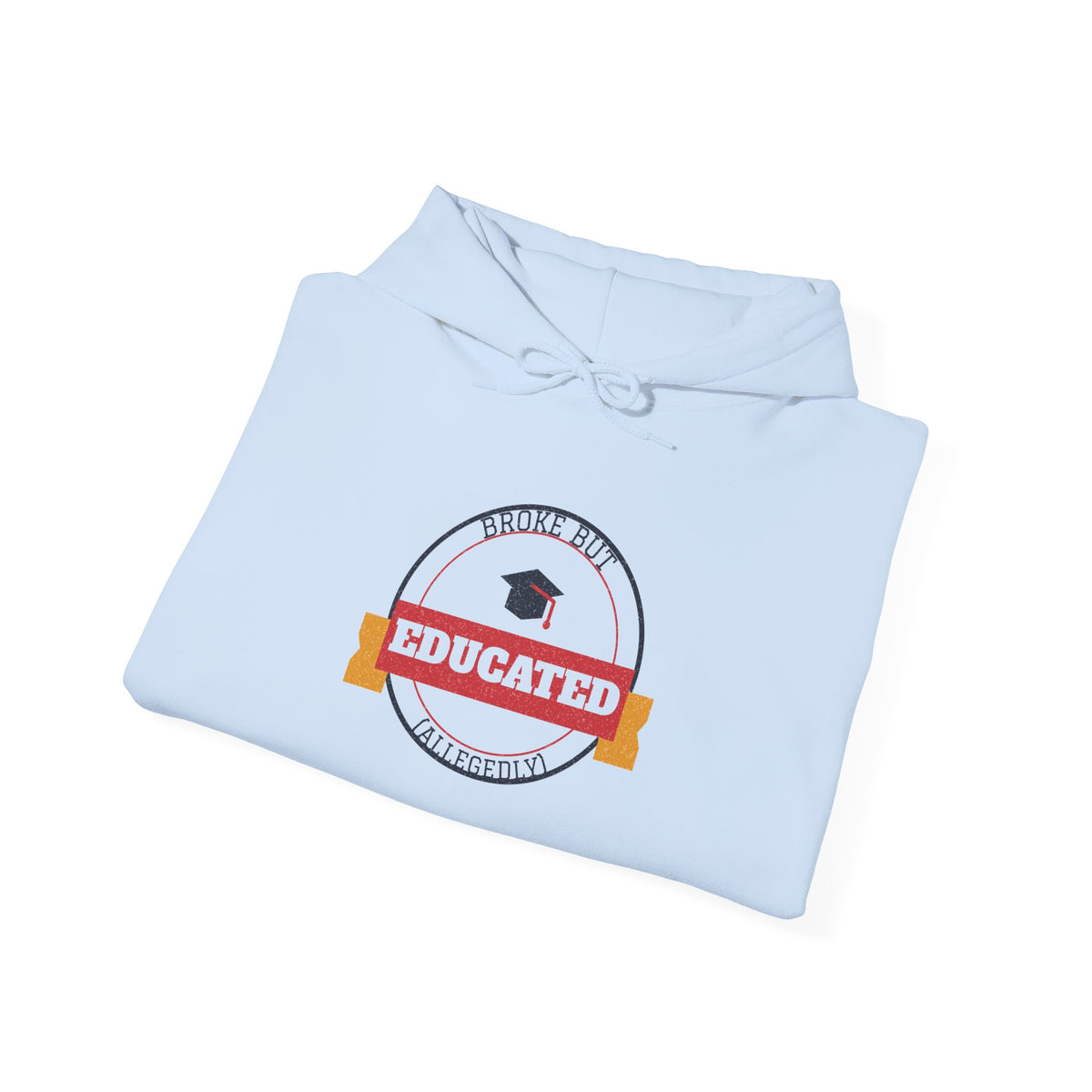 Light blue hoodie with front graphic patch and drawstring hood.
