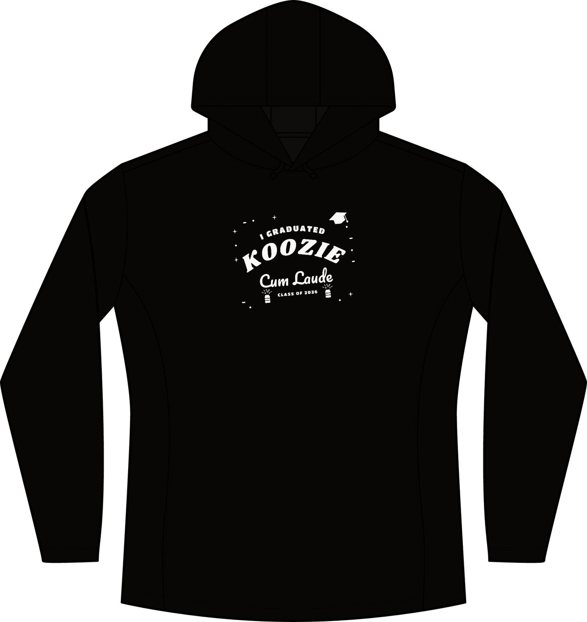 Women's black heather pullover hoodie with front 'Koozie' 'Cum Laude' graphic