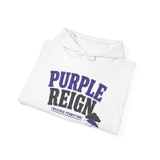White hoodie laid flat showing 'PURPLE REIGN' front graphic and 'weather permitting' label