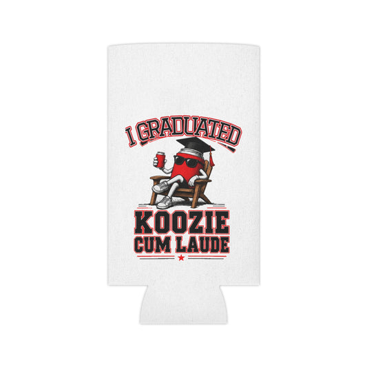 White graduation koozie with mascot graphic and 'Koozie Cum Laude' text