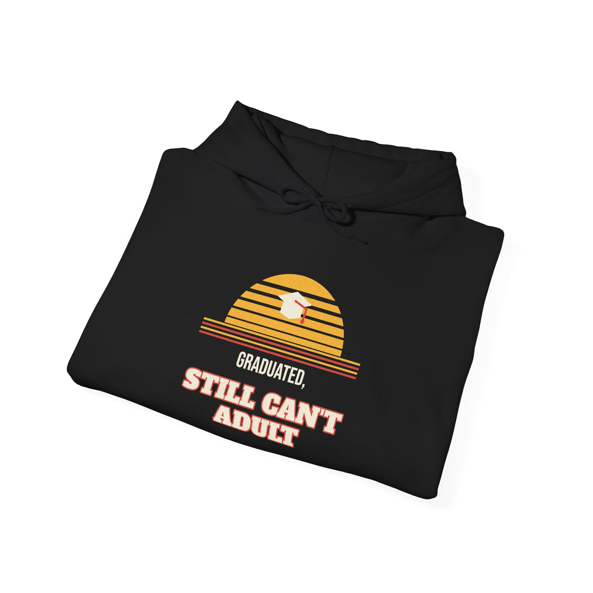 Black hoodie with graduation cap graphic and colorful text on the front