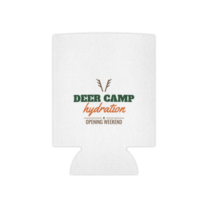 White hydration koozie with deer camp hydration logo and opening weekend text