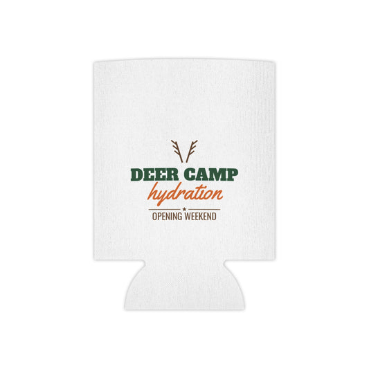 White hydration koozie with deer camp hydration logo and opening weekend text