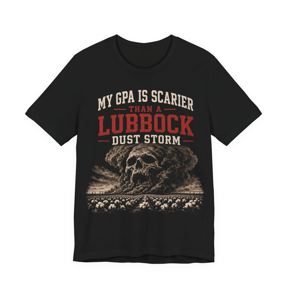 Black crewneck T-shirt with skull graphic and Lubbock Dust Storm text