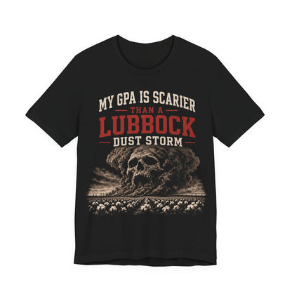 Black crewneck T-shirt with skull graphic and Lubbock Dust Storm text