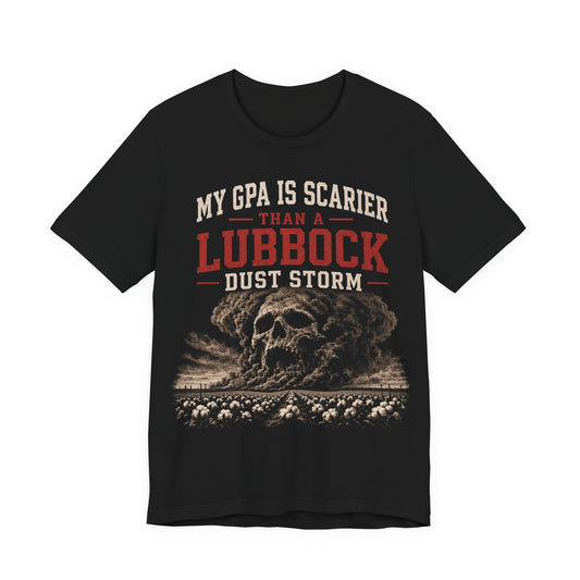 Black crewneck T-shirt with skull graphic and Lubbock Dust Storm text