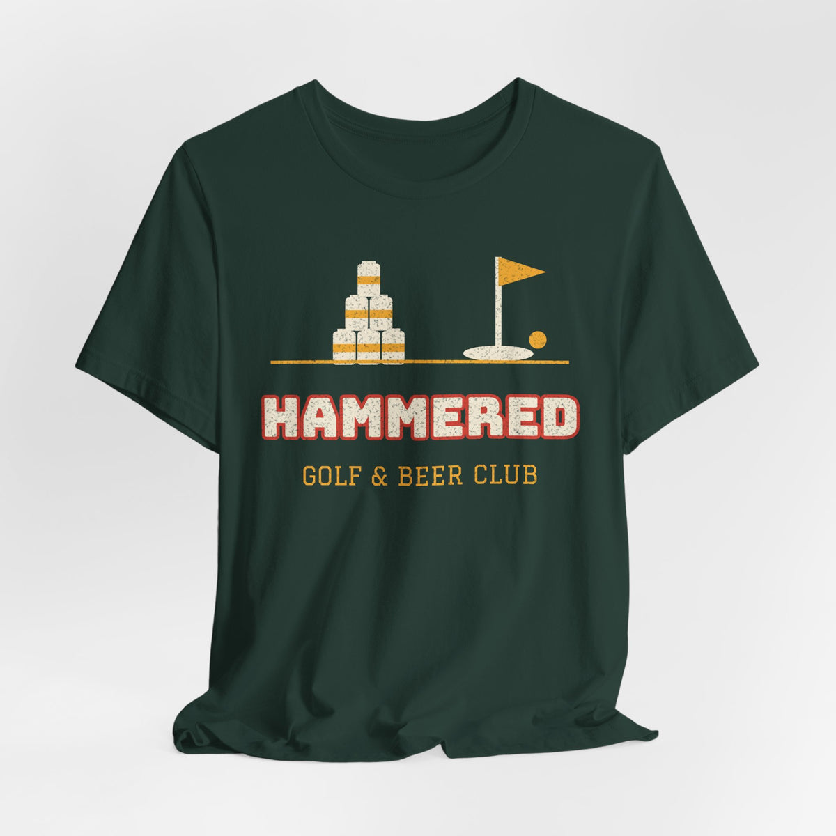 Forest green crewneck T-shirt with 'HAMMERED' Gulf & Beer Club logo graphic