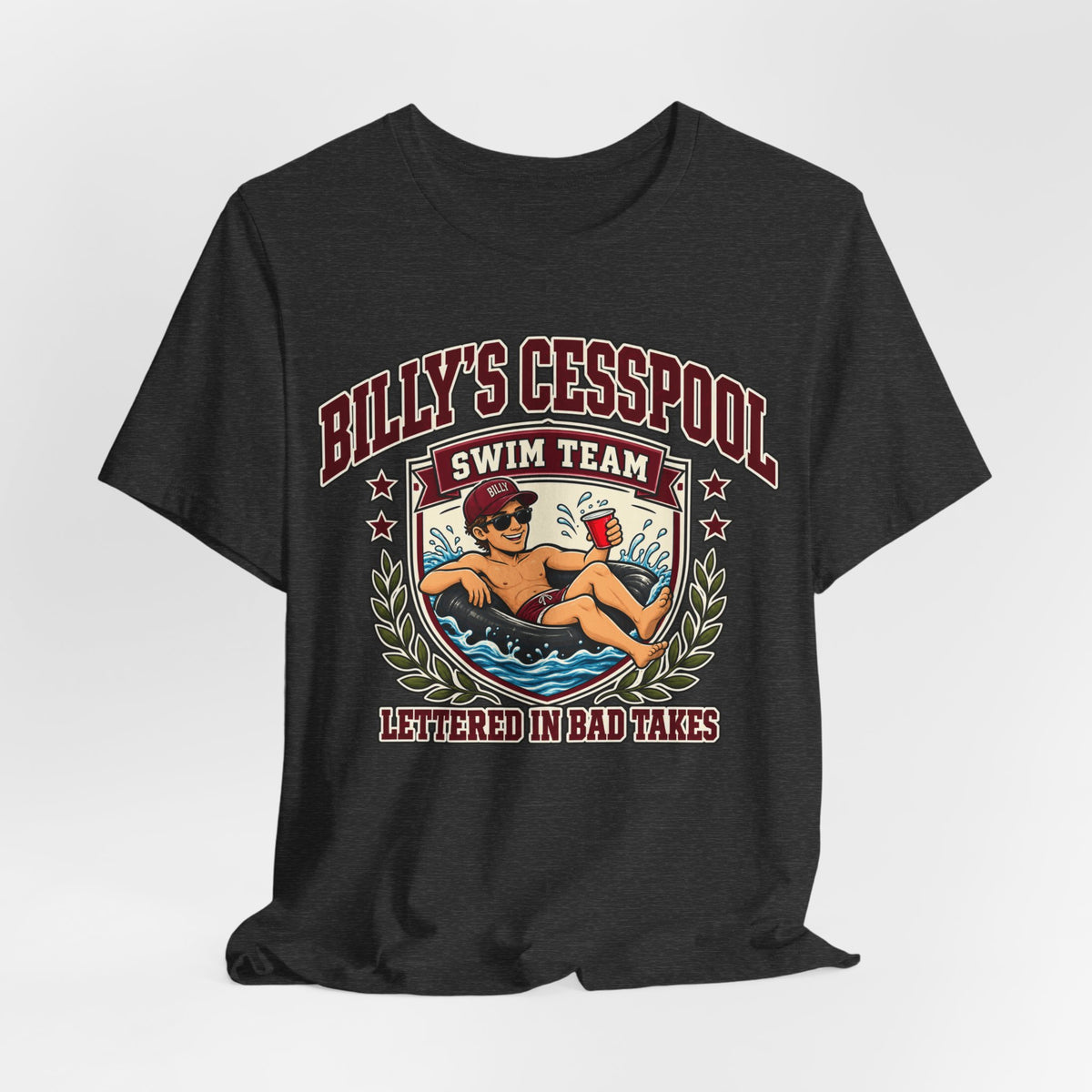 Dark heather grey crewneck tee with Billy's Cesspool swim team graphic