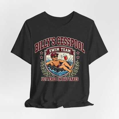 Dark heather grey crewneck tee with Billy's Cesspool swim team graphic