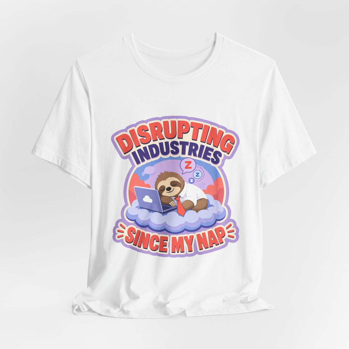 White crew-neck T-shirt with bear reading and “Since My Nap” slogan graphic