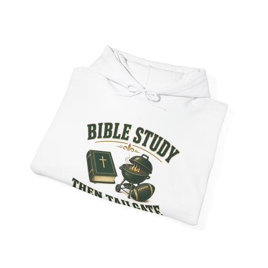 White hoodie folded with Bible Study Then Tailgate graphic on chest