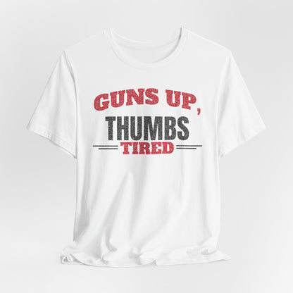 White crewneck T-shirt with Guns Up Thumbs Tired red and black front print