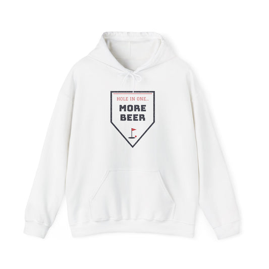 White hoodie with pocket and 'More Beer' graphic