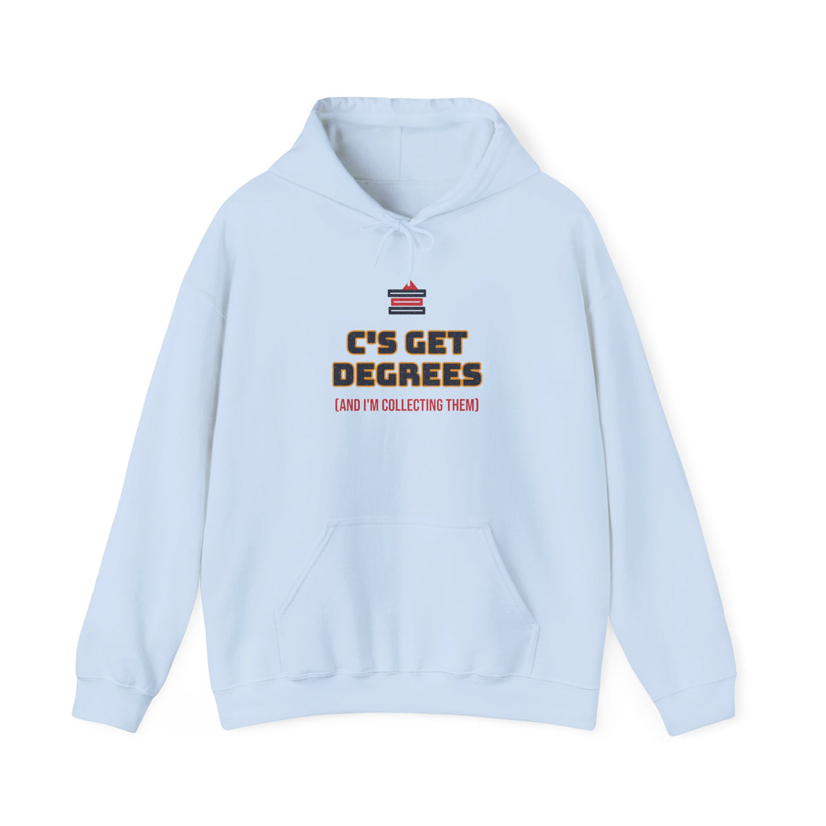 Light blue pullover hoodie with front graduation-themed graphic, hood, and kangaroo pocket