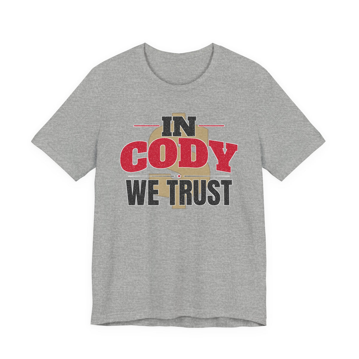 Athletic heather gray graphic T-shirt with large 'IN CODY' and 'WE TRUST' text