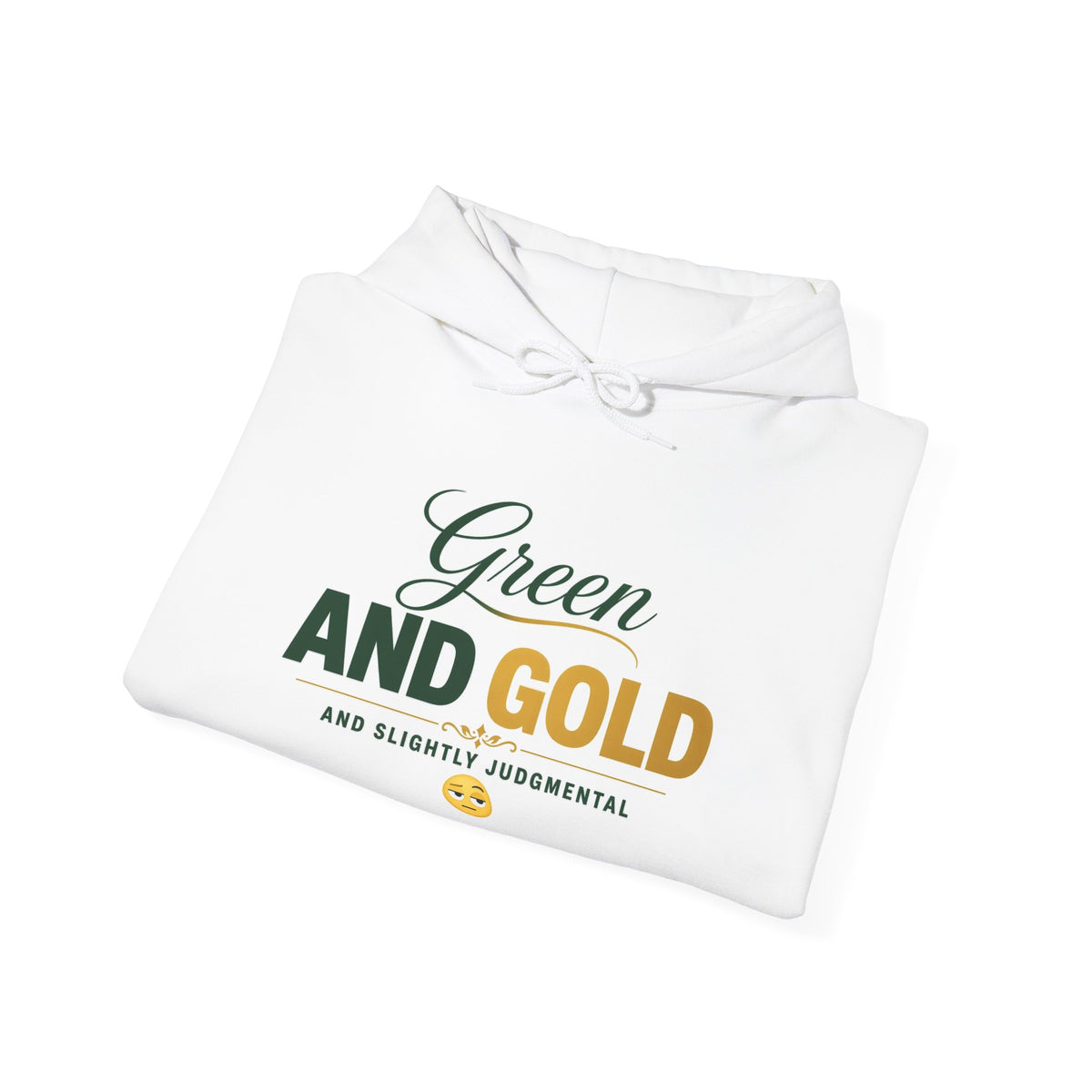 White Baylor folded hoodie with Green and Gold front graphic and small smiley