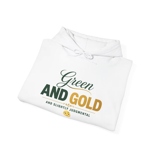 White Baylor folded hoodie with Green and Gold front graphic and small smiley