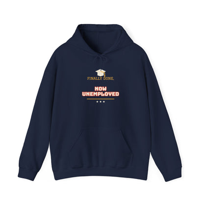 Navy pullover hoodie with graduation graphic and slogan, front pocket, drawstring hood.