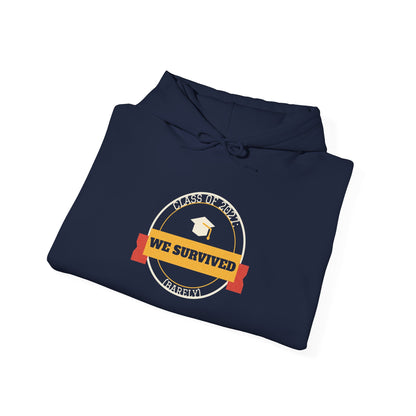 Navy pullover hoodie with drawstring hood and large front graduation graphic.