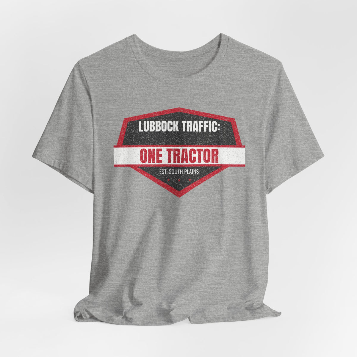 Heather gray crew-neck tee with red tractor emblem graphic