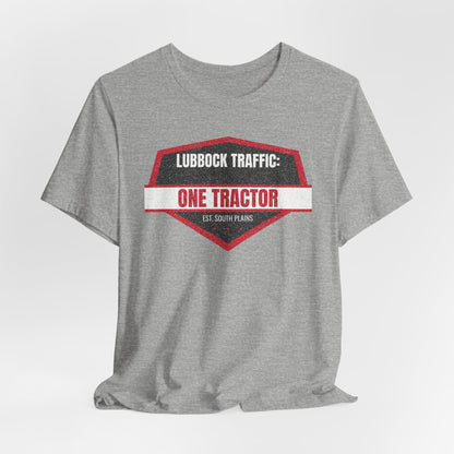Heather gray crew-neck tee with red tractor emblem graphic