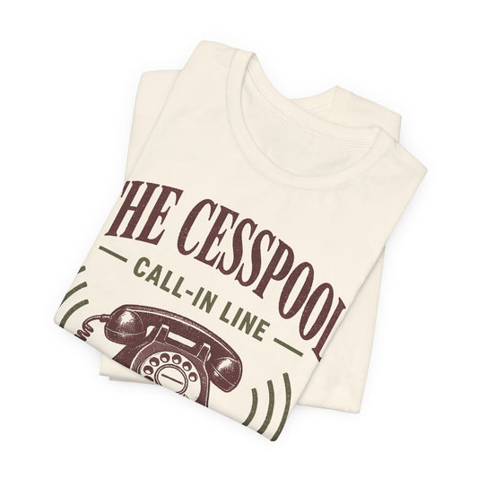 Natural T-shirt folded showing large 'THE CESSPOOL' telephone graphic