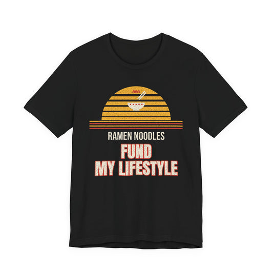 Black T-shirt with yellow striped ramen noodles graphic and "Find My Lifestyle" text