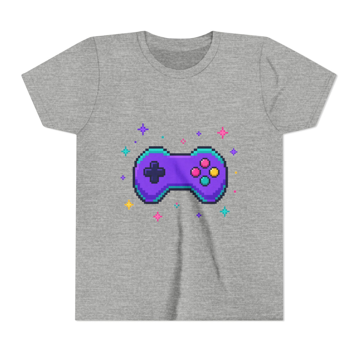 Kids graphic t-shirt in gray with pixel game controller design in teal and pink