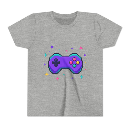 Kids graphic t-shirt in gray with pixel game controller design in teal and pink