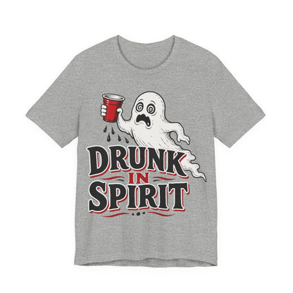 Athletic heather gray graphic T-shirt with ghost and red cup, “DRUNK IN SPIRIT” print