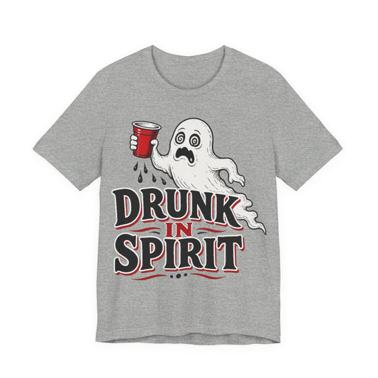 Athletic heather gray graphic T-shirt with ghost and red cup, “DRUNK IN SPIRIT” print