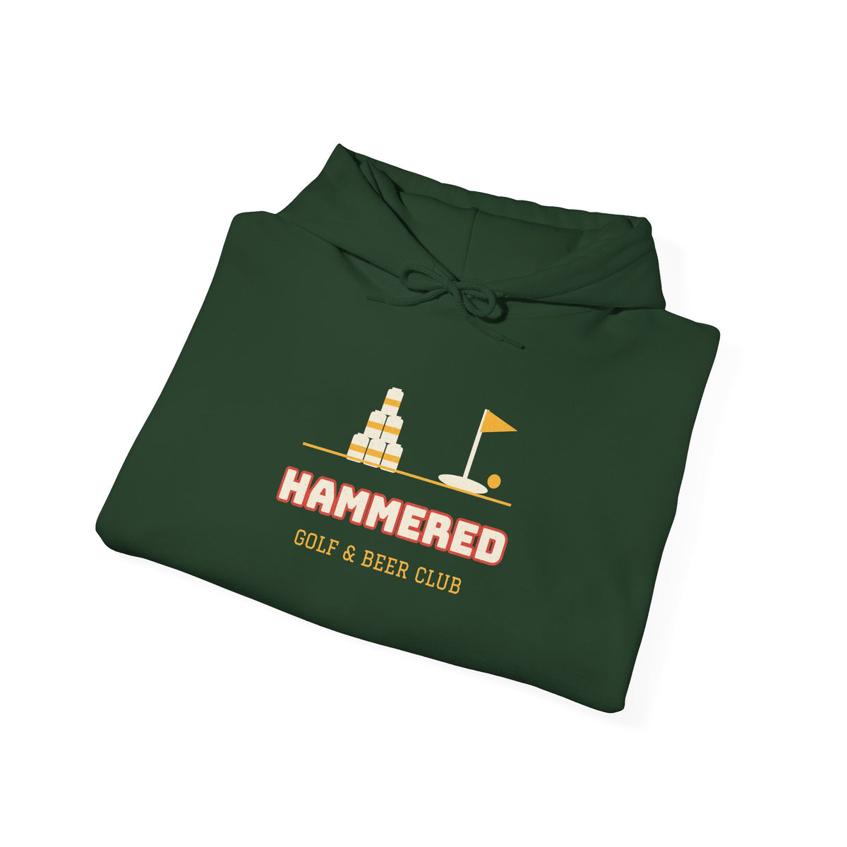 Forest green hoodie with HAMMERED golf & beer club logo graphic.