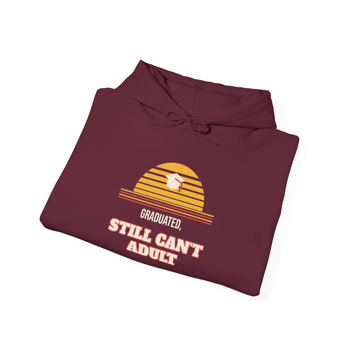 Maroon hoodie with graduation cap graphic and colorful text on the front