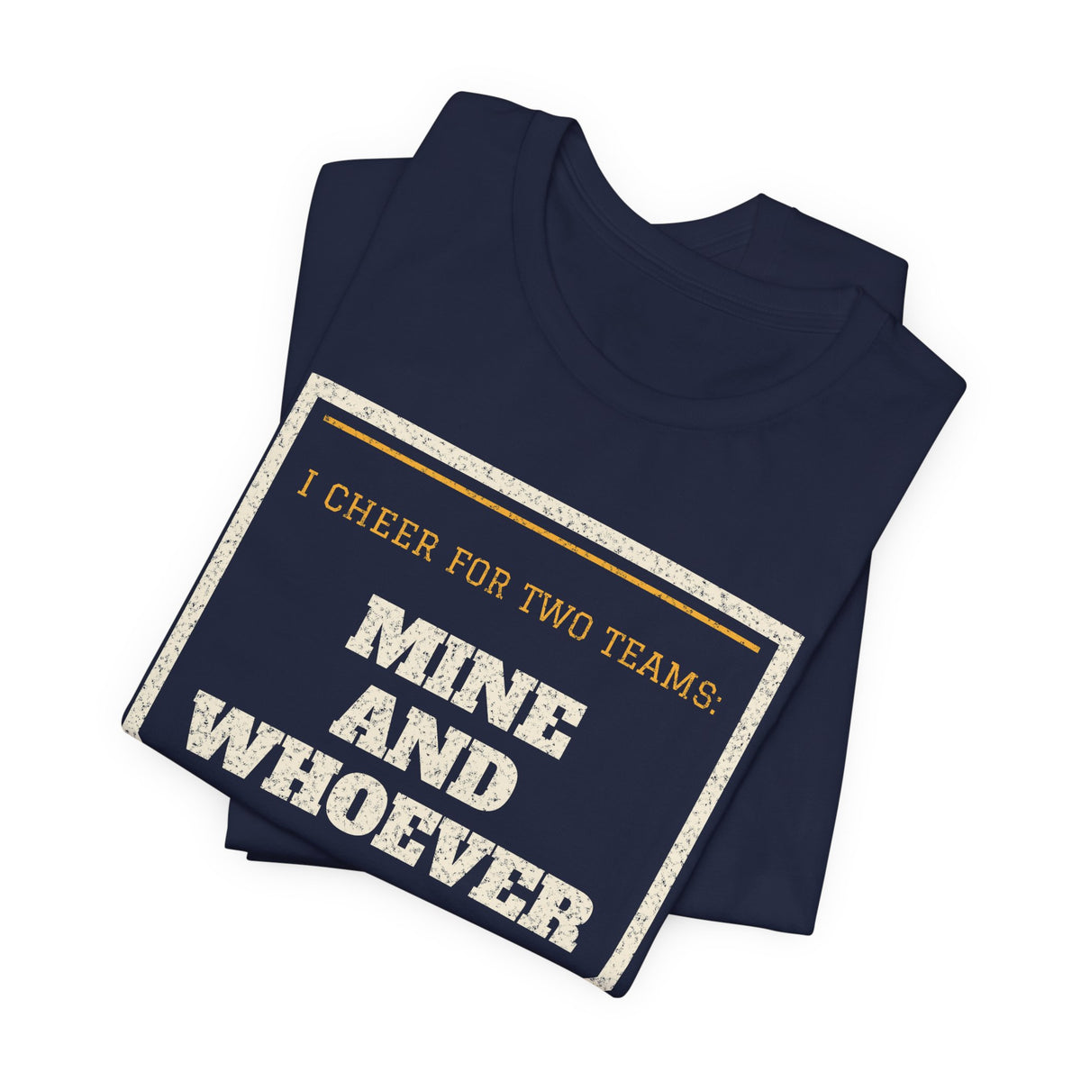 Navy crew-neck t-shirt with Mine and Whoever rival graphic