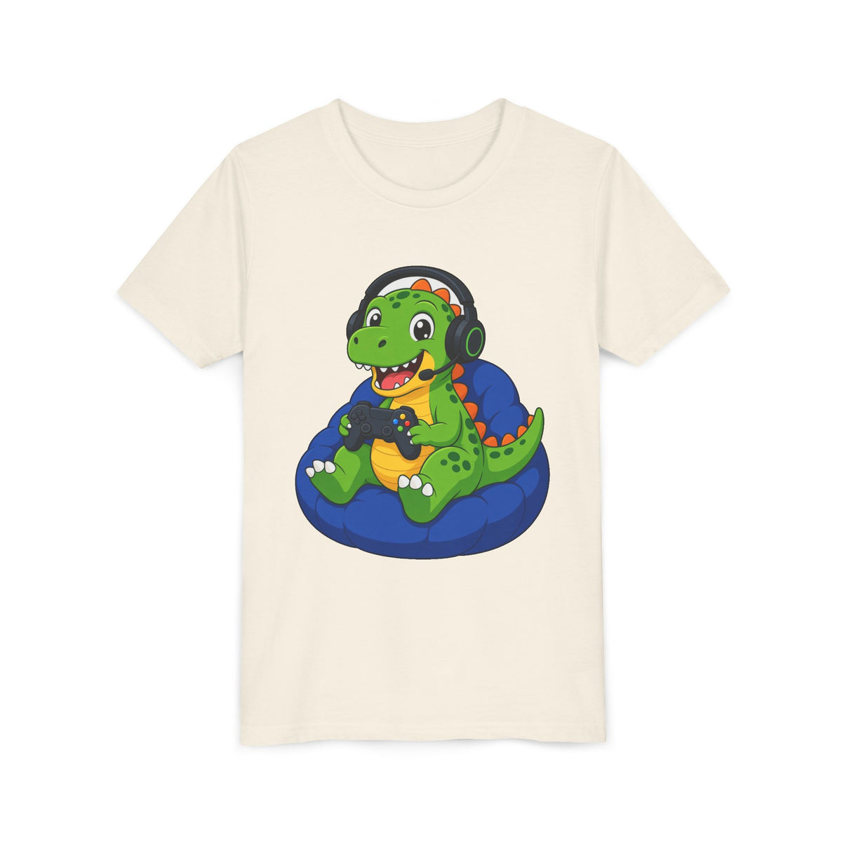 Kids natural cream crew neck T-shirt with green dinosaur gaming graphic