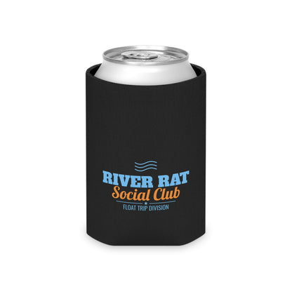 Black can koozie with River Rat Social Club multicolor logo; silver can top visible.