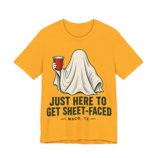 Gold sheet-faced graphic crewneck T-shirt, ghost holding drink with Waco TX text